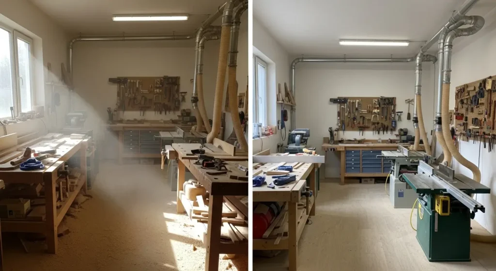 Comparaison avant-après atelier menuiserie sans aspiration vs équipé système captage conforme réglementation
