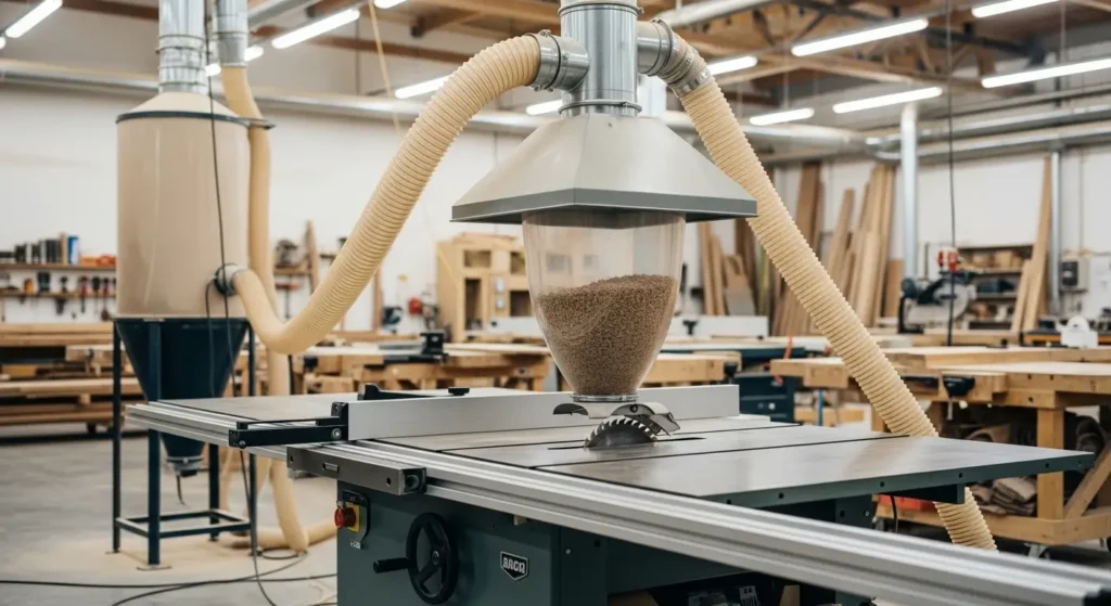 Système aspiration centralisée efficace capte poussières de bois à la source sur scie circulaire