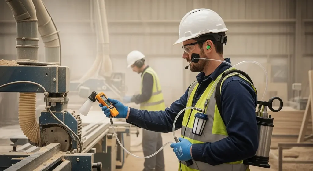 Technicien organisme accrédité réalise contrôle VLEP poussières bois avec appareil de mesure portable