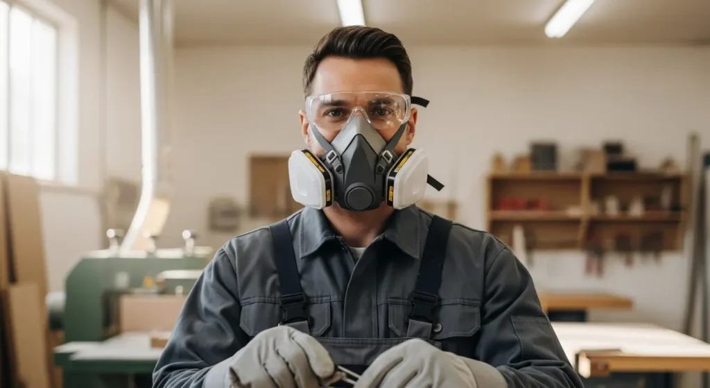 Travailleur du bois portant EPI conformes masque FFP3, lunettes protection et vêtements adaptés