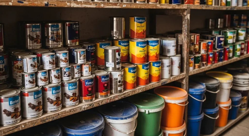 Bidons de peinture disponibles dans une quincaillerie marocaine, différentes marques et formats