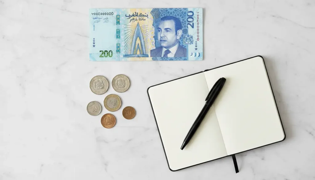 Billets et pièces en dirhams marocains pour illustrer le prix d'une femme de ménage au Maroc