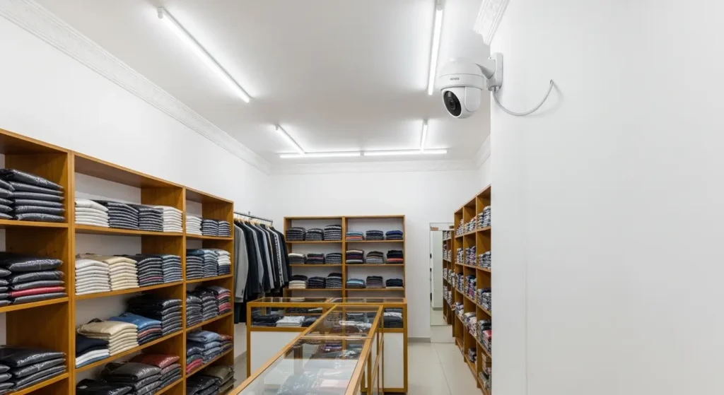 Caméra de surveillance dôme installée dans un coin du plafond d'une boutique de vêtements marocaine