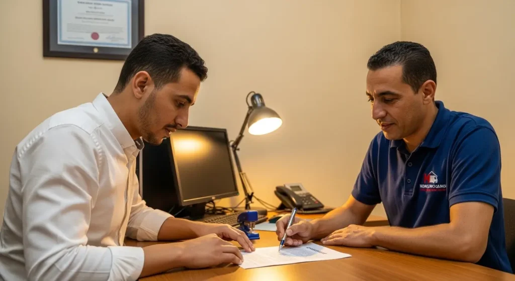 Client marocain signant un contrat de déménagement avec un représentant d'une société professionnelle