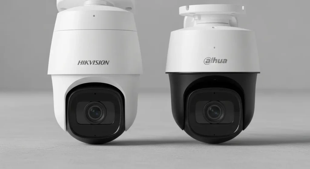 Comparaison côte à côte d'une caméra Hikvision et d'une caméra Dahua sur fond gris