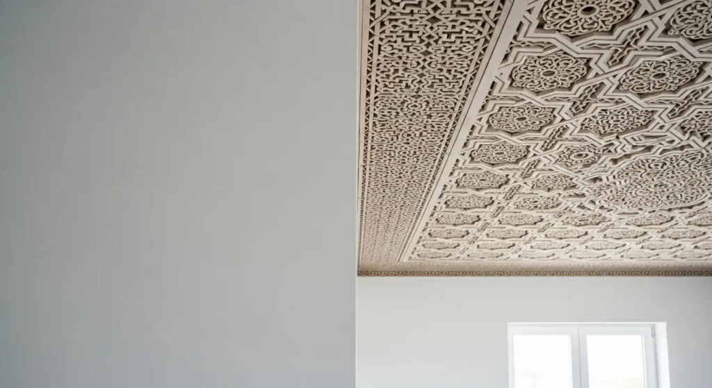 Comparaison entre plafond lisse et faux plafond en staff dans un appartement marocain