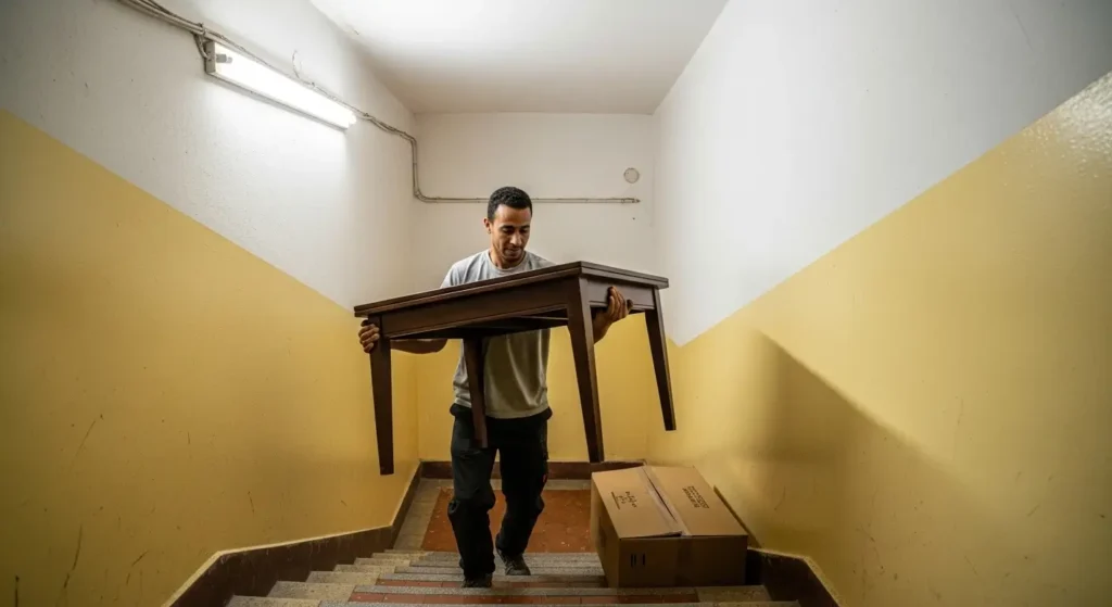 Déménageur portant une table dans l'escalier étroit d'un immeuble marocain sans ascenseur