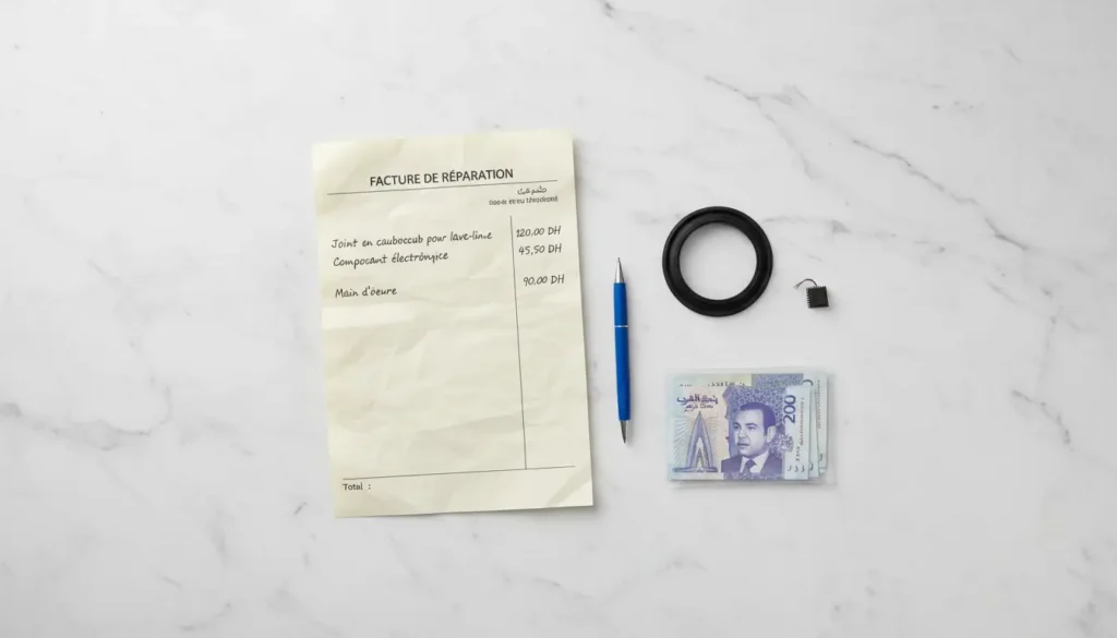 Facture de réparation électroménager en dirhams marocains avec pièces détachées