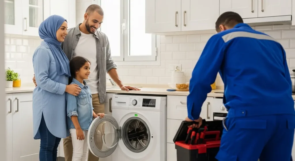 Famille marocaine satisfaite après la réparation de leur électroménager à domicile