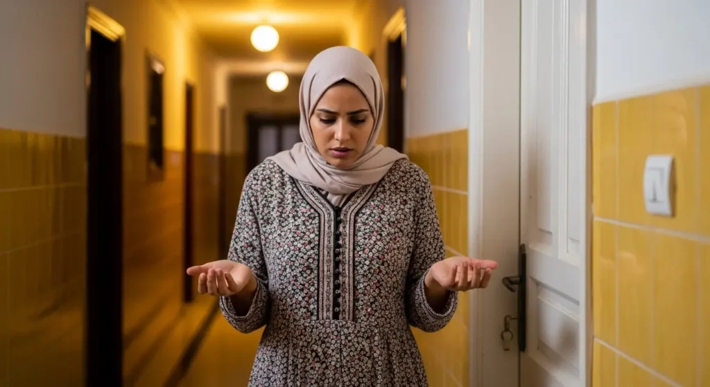 Femme marocaine bloquée devant sa porte sans ses clés