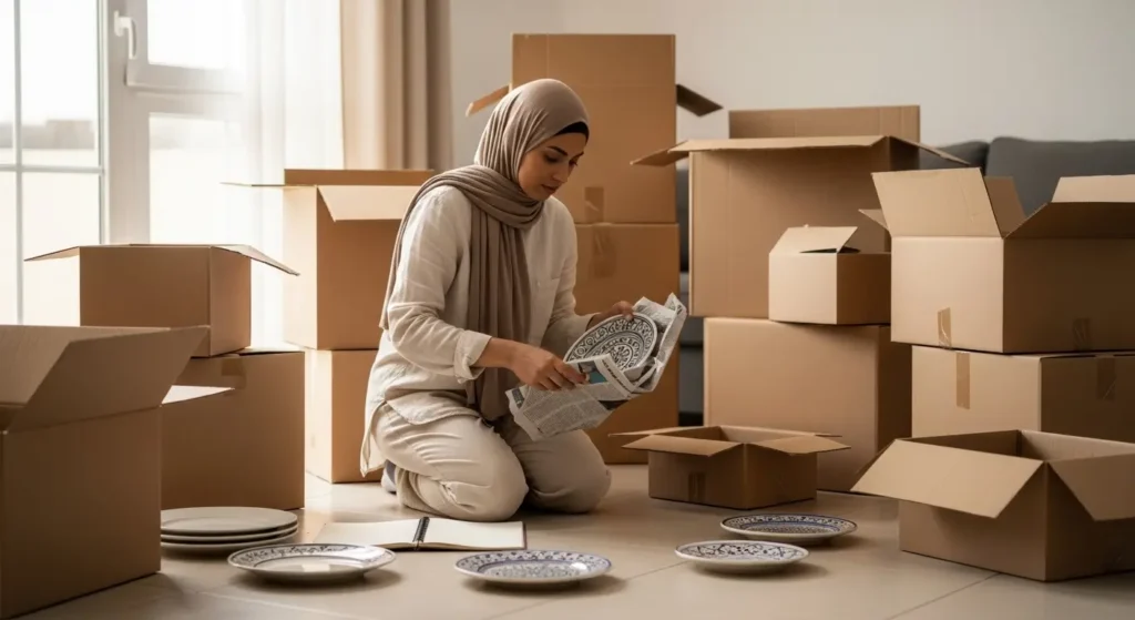 Femme marocaine emballant sa vaisselle dans des cartons avant un déménagement