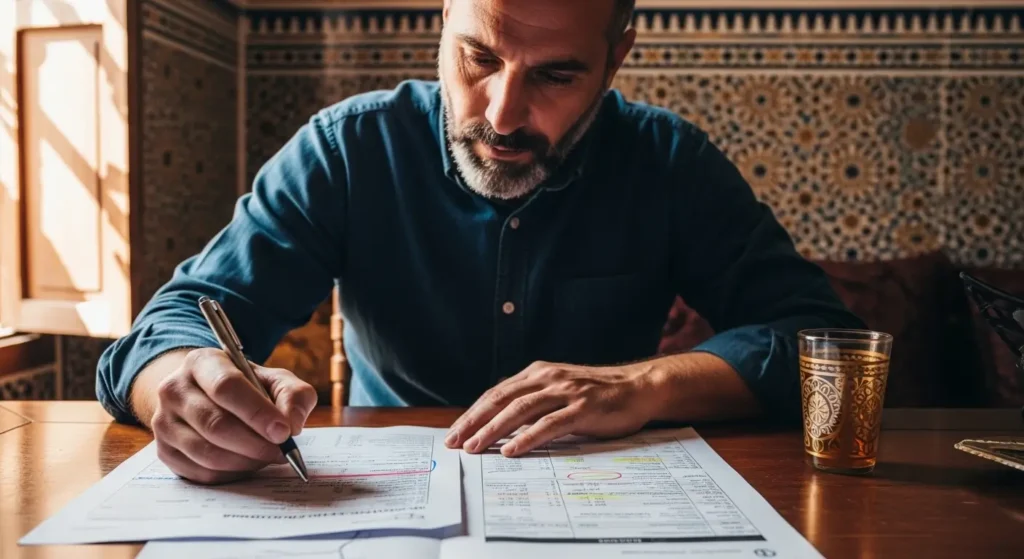 Homme marocain qui vérifie un devis de peinture avant de signer