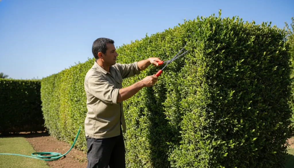 Jardinier marocain en train de tailler une haie de buis dans un jardin résidentiel