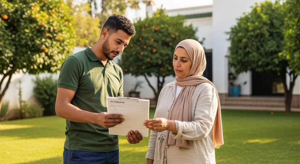 Jardinier présentant un devis à une propriétaire marocaine dans son jardin