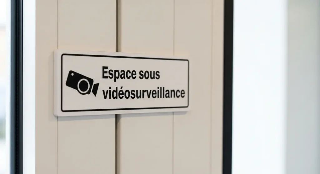 Panneau d avertissement Espace sous vidéosurveillance affiché à l entrée de commerce au Maroc