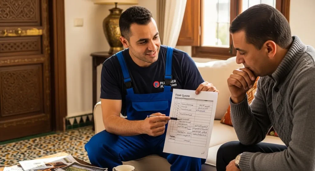 Plombier présentant un devis écrit gratuit à un client avant une intervention de débouchage