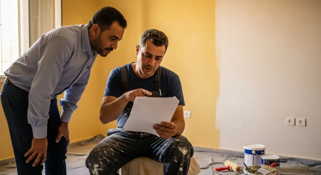 Propriétaire marocain en train de vérifier un devis de peinture avec son artisan