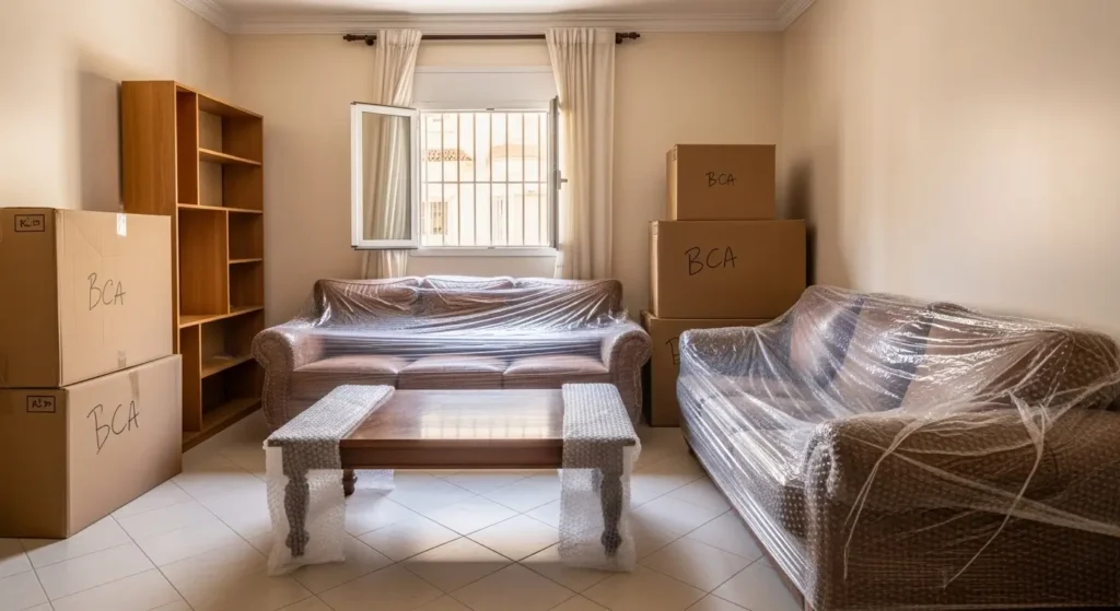 Salon marocain dont les meubles sont emballés et protégés prêts pour un déménagement