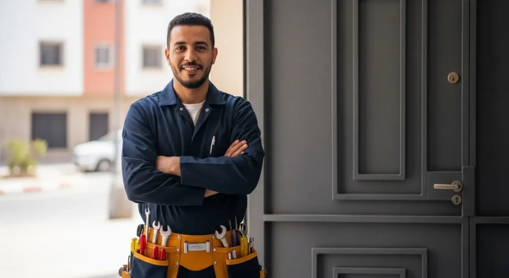 Serrurier professionnel marocain en uniforme devant une porte blindée