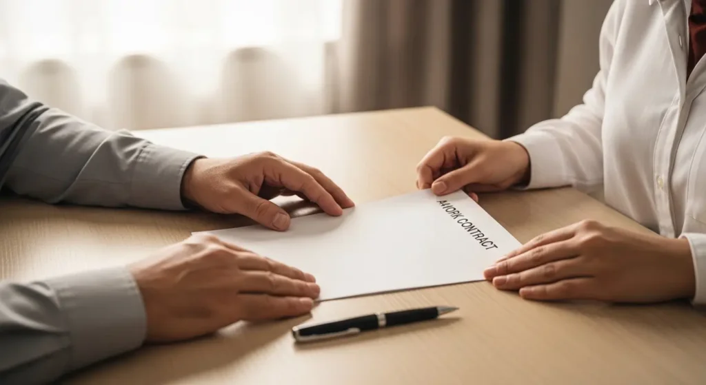 Signature d'un contrat de travail entre un employeur et une femme de ménage au Maroc