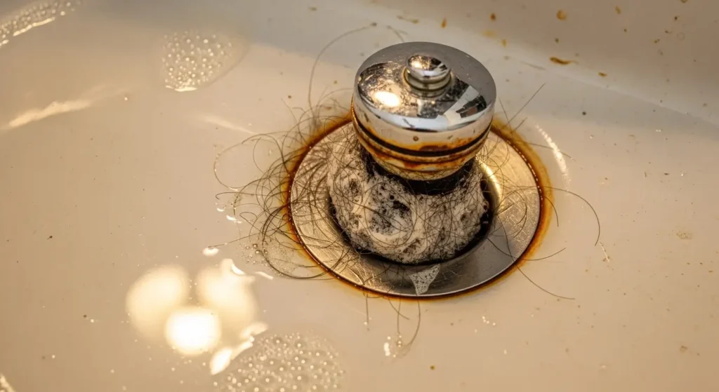 Siphon de lavabo bouché avec accumulation de cheveux et calcaire
