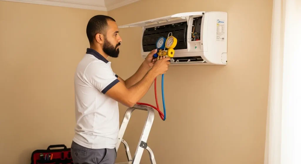Technicien marocain effectuant une recharge de gaz sur un climatiseur mural