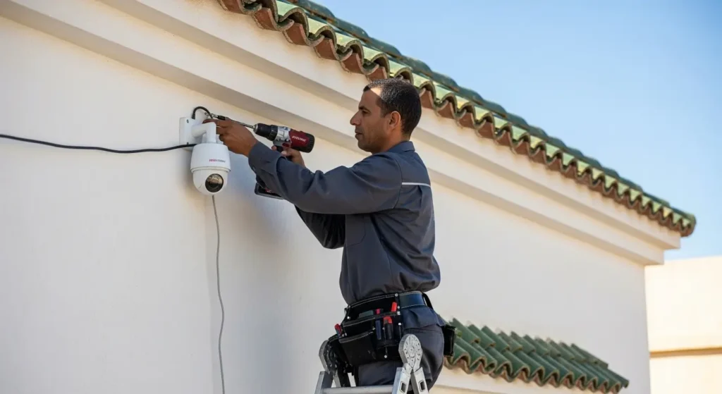 Technicien marocain en train d'installer une caméra de surveillance bullet sur la façade extérieure d'une maison