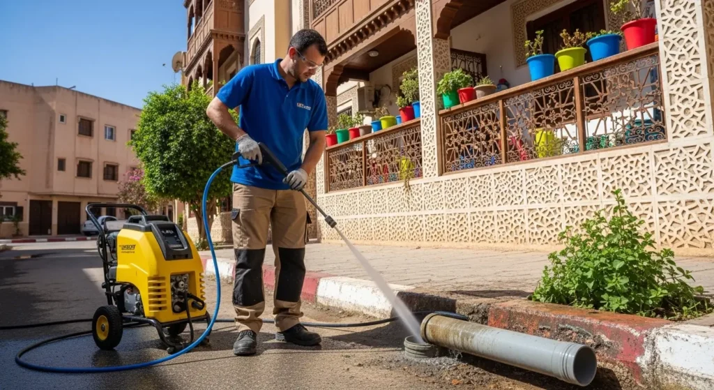 Technicien utilisant un groupe hydrocurage haute pression pour déboucher une canalisation au Maroc