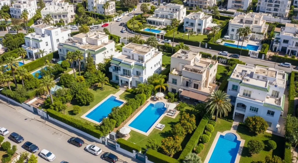 Vue aérienne d'un quartier résidentiel de Casablanca avec jardins de villas bien entretenus