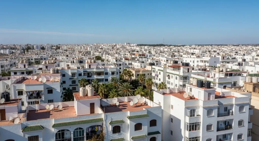 Vue aérienne d'un quartier résidentiel marocain représentant les différentes villes du Maroc