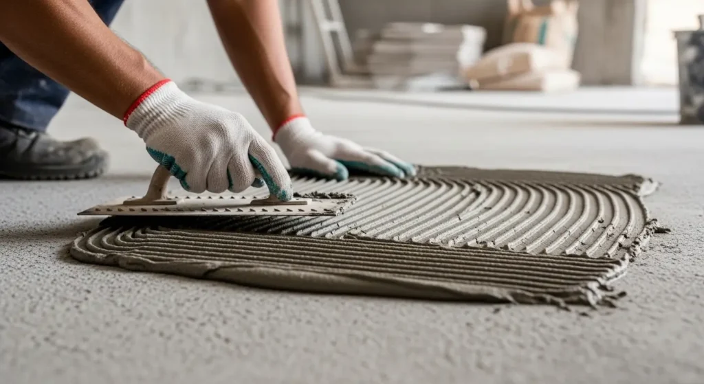 application de colle à carrelage avec une spatule crantée sur chantier