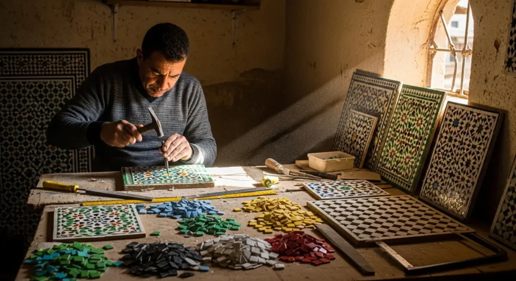 artisan marocain en train de couper du zellige traditionnel dans un atelier à Fès