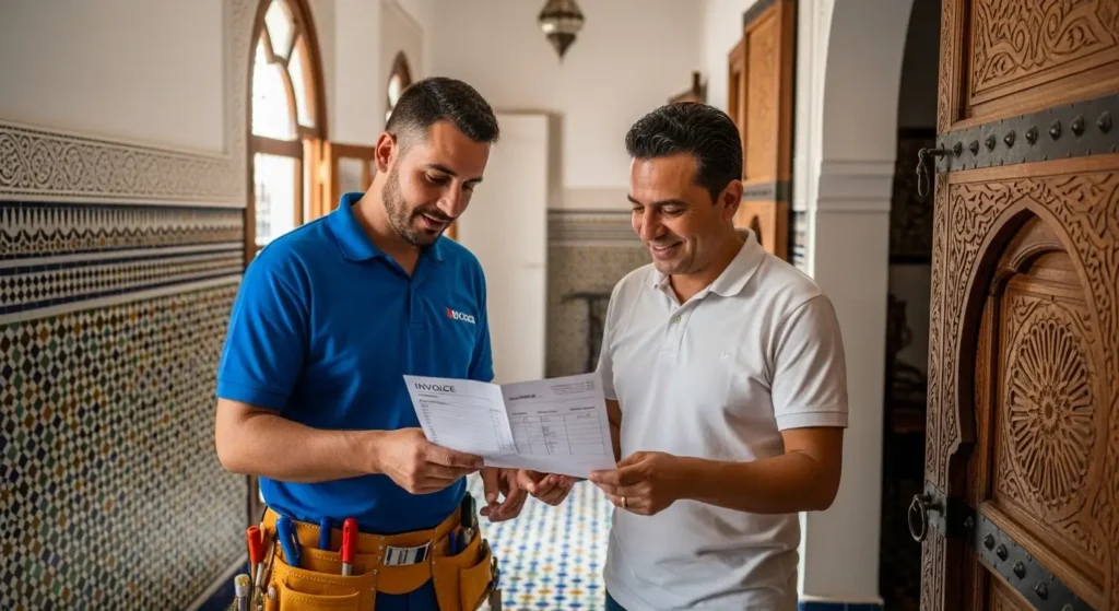 plombier remettant un devis écrit à un client au Maroc