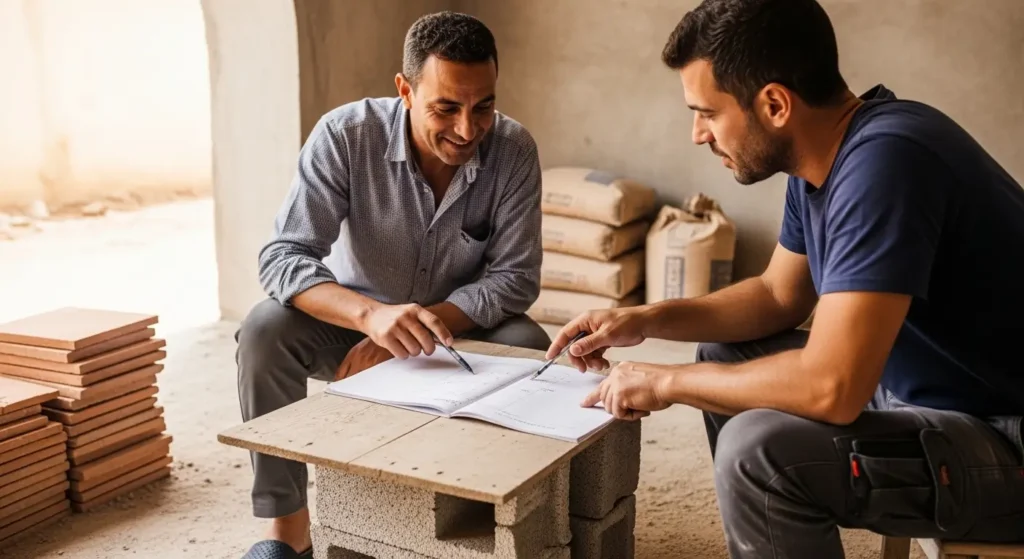 propriétaire et carreleur en train d examiner un devis sur un chantier au Maroc